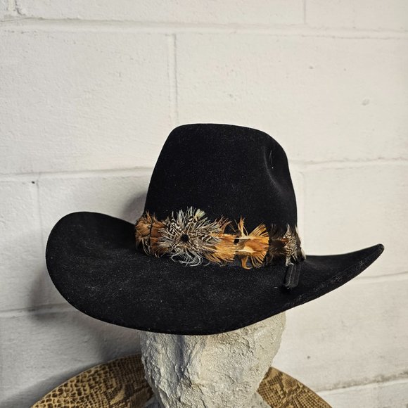 Vintage Black Felted Cowboy Hat with Black, Brown & White Feather Banding main image 7